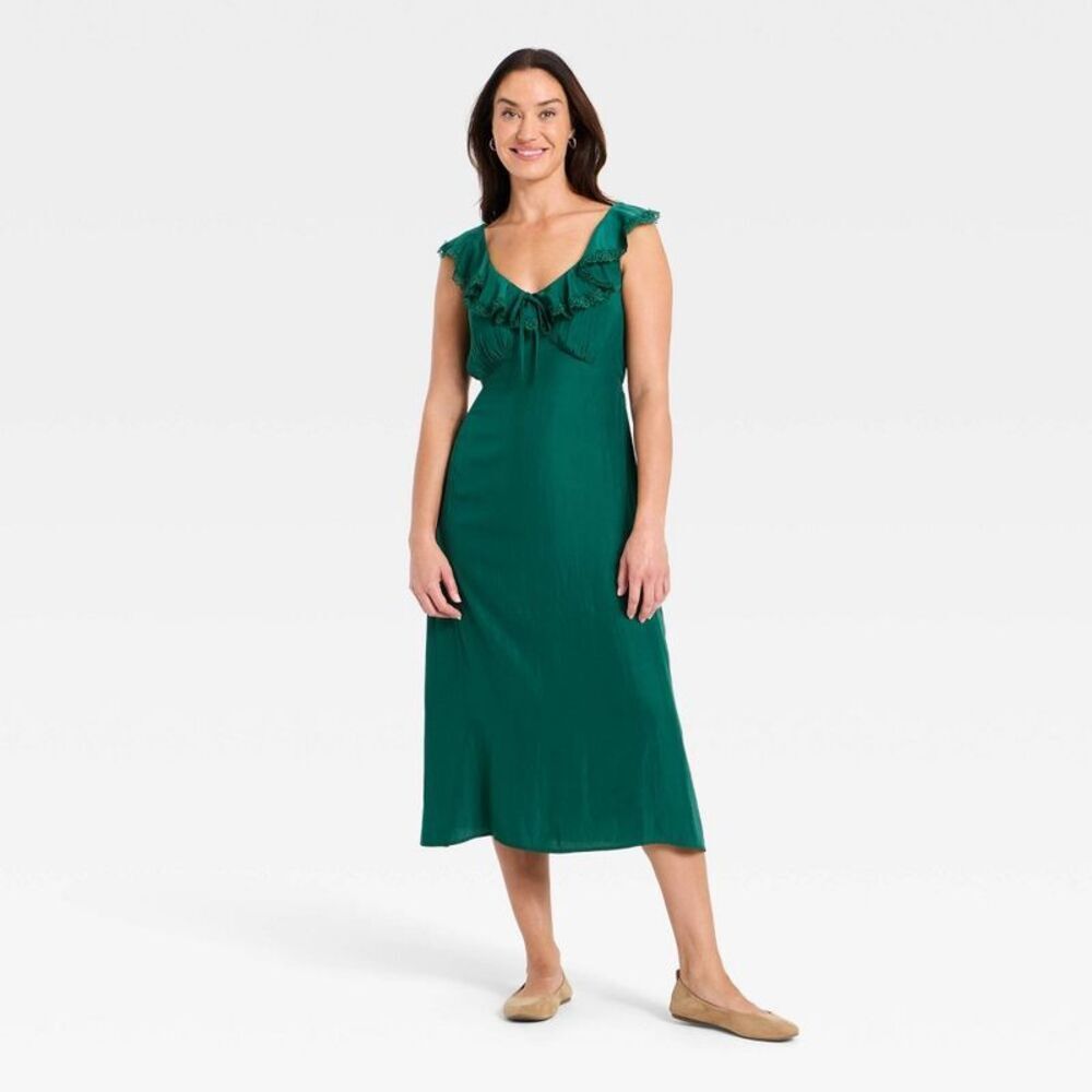 Women's Ruffle Lace Midi A-Line Dress - Universal Thread Dark Green M